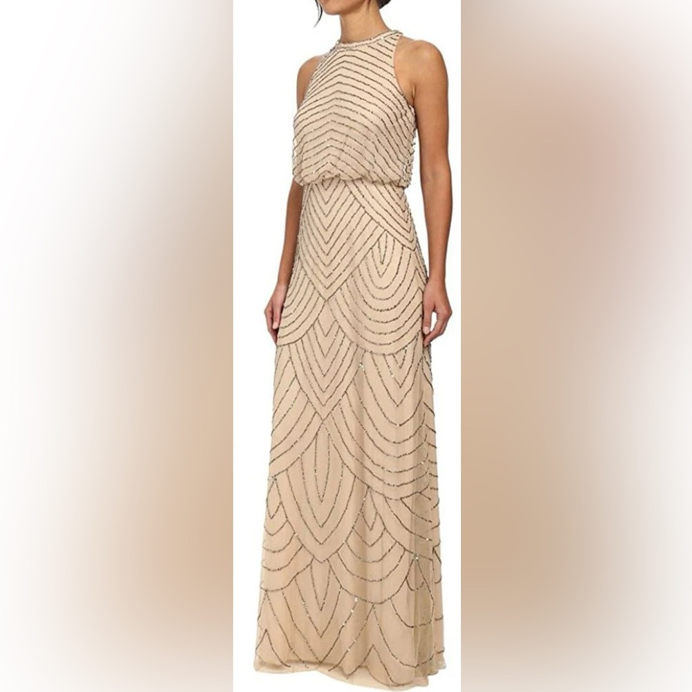 Adrianna Papell Boatneck ( Nude/beige ) Embellished Petite Dress